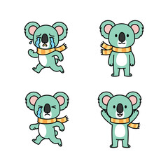 Cute cartoon koala emotions set with scarf, happiness, sadness, and joy