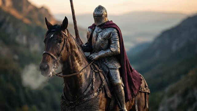 Armored knight on horseback riding through majestic mountain landscape at dawn