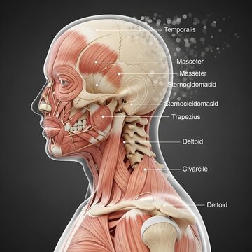Human Head and Neck Musculature with Bone Structure and Labels.