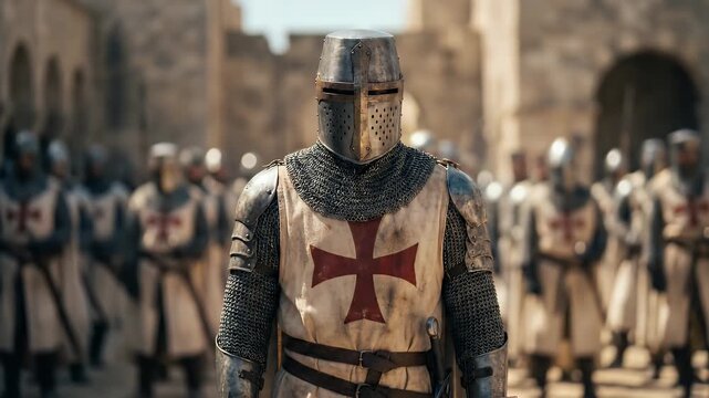 Brave Knight Standing Guard Wearing Armored Suit Of Templar Armor Military Leader
