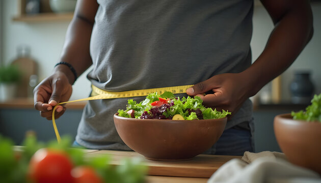 Close Up Man Measuring Waist with Tape and Bowl of Salad