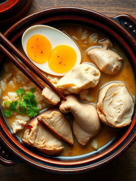 Overhead view of rice chicken congee in a clay pot, top view of rice and chicken porridge, chinese chicken congee, korean dak juk or japanese okayu in a claypot
