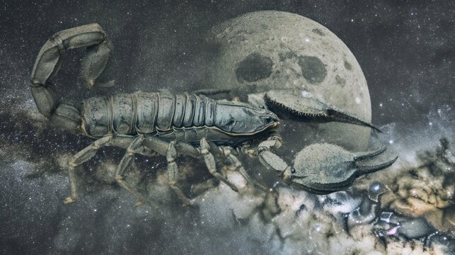 Dramatic scorpion against moon in dark space with nebulae symbolic zodiac art