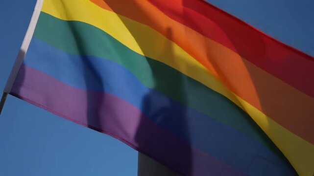 Rainbow Pride Flag And Person Shadow On Flagpole Under Blue Sky