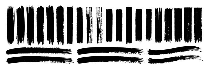 Black ink line brush strokes collection with grunge texture on white background, featuring paintbrush marks and smeared stains for abstract design © sautb