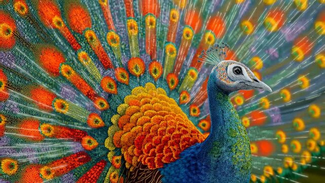 Colorful peacock bird feather tail with vibrant abstract pattern and detailed iridescent plumage texture exotic wildlife decorative digital art