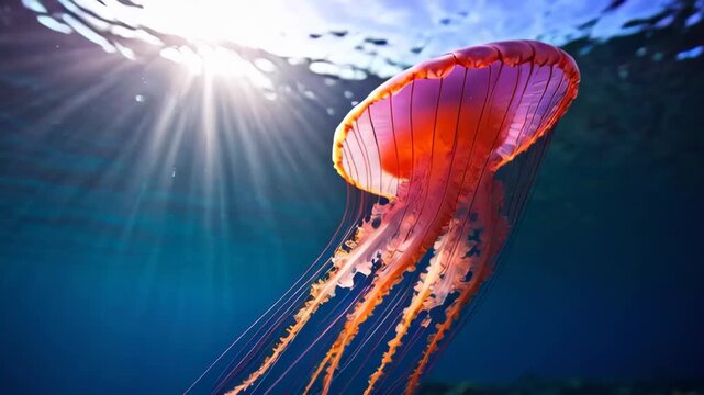 Vibrant orange jellyfish with long tentacles drifts in clear blue ocean water with sun rays