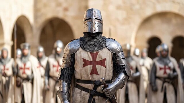 A group of medieval crusader templar knights in full armored battle gear