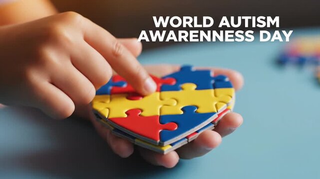 Child's hands hold puzzle heart for World Autism Awareness Day