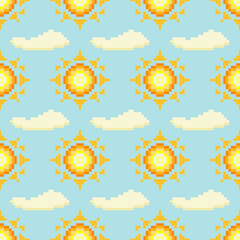 Seamless pattern with sun and cloud pixel art