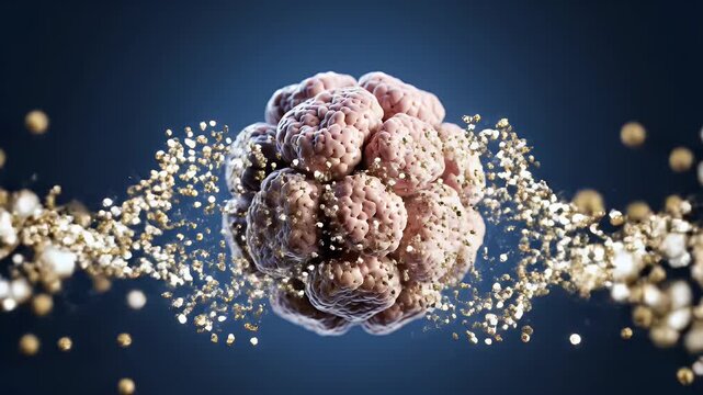 Abstract Microscopic Cell Formation with Golden Particles Emerging Dark Blue Background Detailed Macro View Scientific Research Concept
