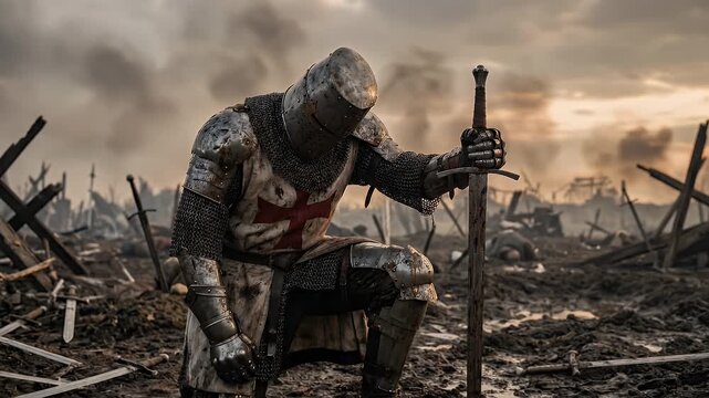 A medieval Templar knight kneeling on a muddy battlefield after a fierce battle