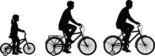 Obraz premium Father and daughter riding bicycles, family cycling silhouettes showing child learning and adult biking vector illustration isolated