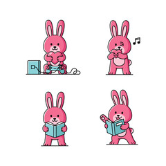 Fototapeta premium Pink cartoon bunny enjoying music and reading in various poses with copy space