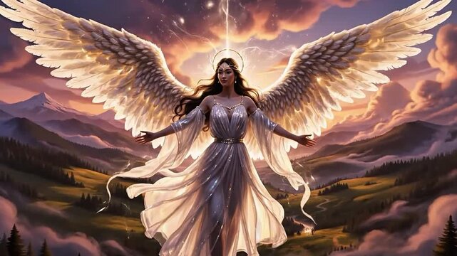 Heavenly Winged Angel Ascending Over Mountain Landscape at Sunset