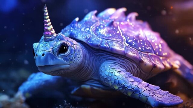 Majestic fantasy turtle with a unicorn horn swimming in a sparkling, deep blue cosmic environment