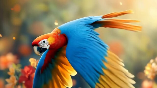 Majestic scarlet macaw soaring gracefully through a beautiful, sunlit jungle with colorful flowers