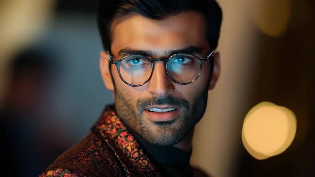 Handsome confident businessman wearing stylish eyeglasses and a brocade jacket at a night event