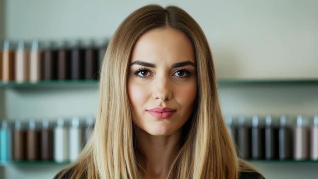 Beautiful woman working as a hairdresser holding a hair color chart in a professional salon