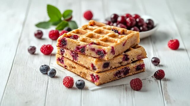 Stack of fresh belgian waffles with raspberries and blueberries on a white wooden table