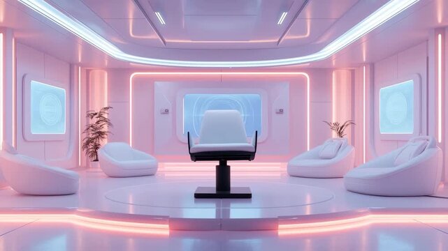 Futuristic automated process of a modern chair self-assembling in a high-tech interior