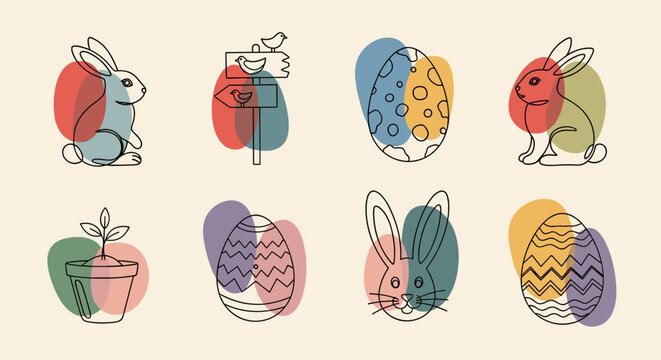 A collection of playful bunnies, colorful Easter eggs, and flowers in modern minimalist outline vector style, perfect for seasonal designs