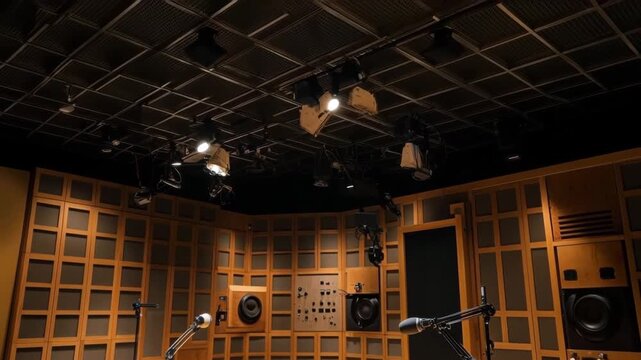 Empty professional radio broadcast studio with microphones, sound mixer, and acoustic panels
