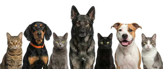 Obraz premium Seven domestic pets, including four dogs and three cats, sitting in a row on a white background