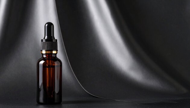 "Dark amber dropper bottle with black ribbon on moody background"