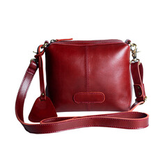 A beautiful red leather sling bag isolated on a white background, perfect for women's style. Suitable for designing leather product catalogs.