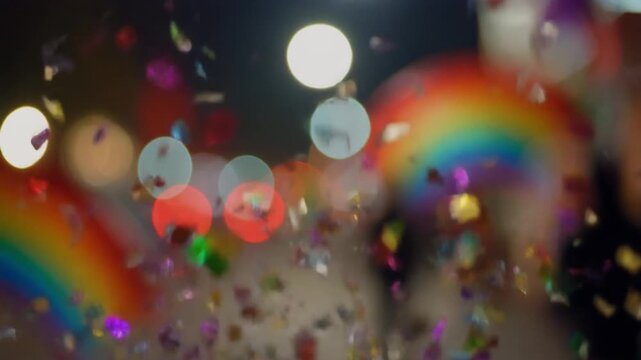 Colorful Confetti Falling Against Rainbow Background At Pride Parade