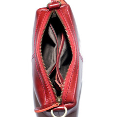 Open and empty leather bag isolated on white background