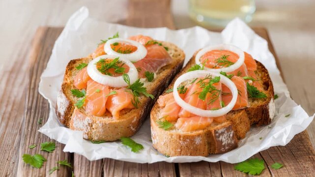Open faced sandwiches with smoked salmon, onion rings, dill and parsley served on crusty bread over parchment paper. Tasty seafood food idea for breakfast or brunch.