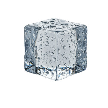 macro shot of a single, perfectly square, crystal-clear ice cube covered in sharp, glistening water droplets on a glossy white reflective surface, dramatically side-lit. Concept for beverage