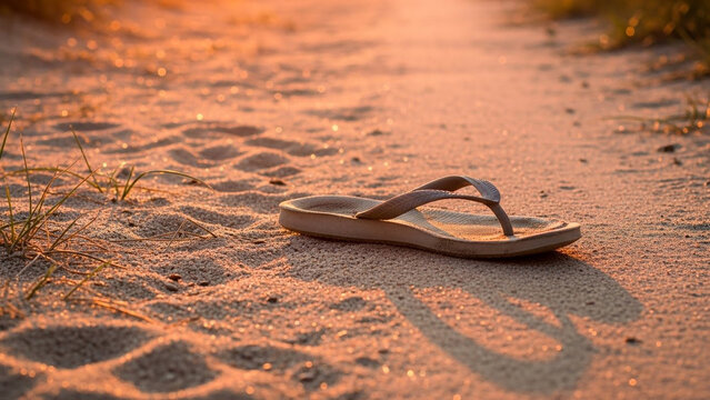 Single flip-flop lying on a sandy beach path during golden hour sunset, summer vacation and travel concept.