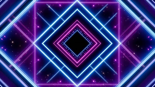 Abstract neon rhombus tunnel with glowing geometric patterns and particles