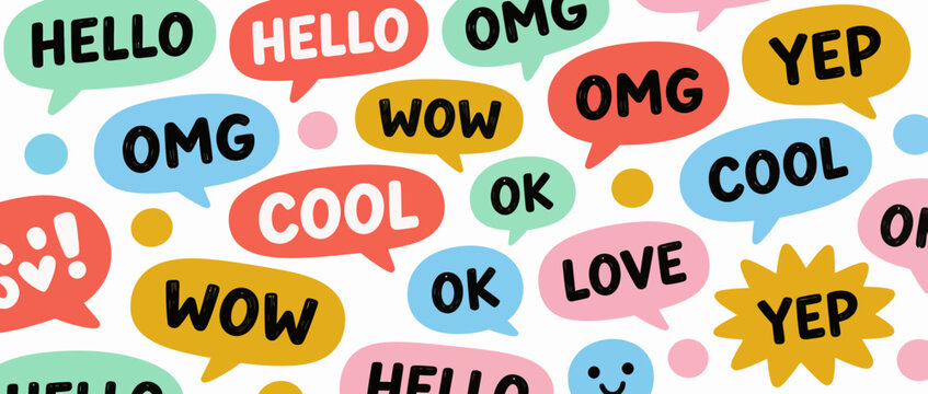 Colorful Speech Bubbles with Expressive Words and Phrases on White Background.
