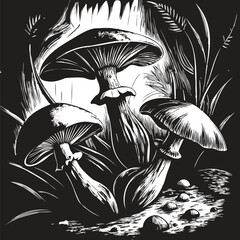 A detailed black and white engraving of various mushroom species