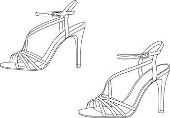 Obraz premium High-heeled sandals line drawing illustration, stiletto heel, ankle strap buckle, crisscross straps, elegant fashion footwear vector artwork