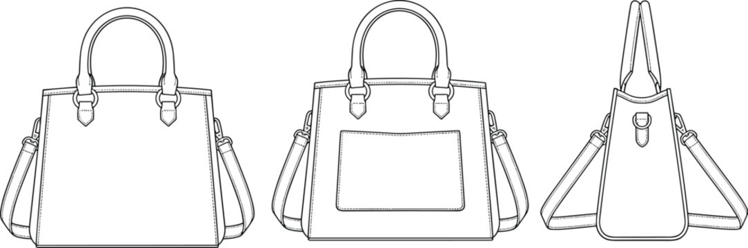 Handbag technical line drawing illustration, front, back, and side views, pocket detail, stitching, clasp, fashion accessory, vector artwork