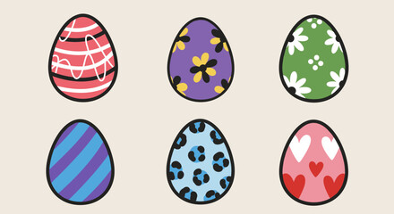 A collection of six colorful Easter eggs with various patterns in flat modern vector style, perfect for festive designs and spring celebrations