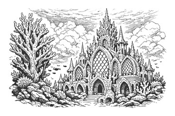 Underwater Coral Castle with Ornate Windows and Sea Life in Detailed Line Art Engraving Style, Fantasy Mermaid Palace Ocean Vector Illustration. © Chairul