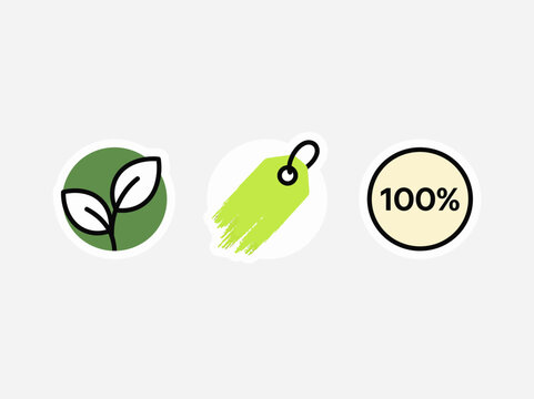 EcoFriendly and Sustainable Product Labels with Leaf Tag and 100 Mark.