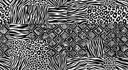 Wild animal skin patchwork seamless pattern, black and white zebra leopard and snake print geometric texture, monochrome safari background. © Nabil