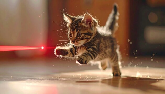 Playful Kitten Chasing a Laser Pointer Beam with Enthusiasm.