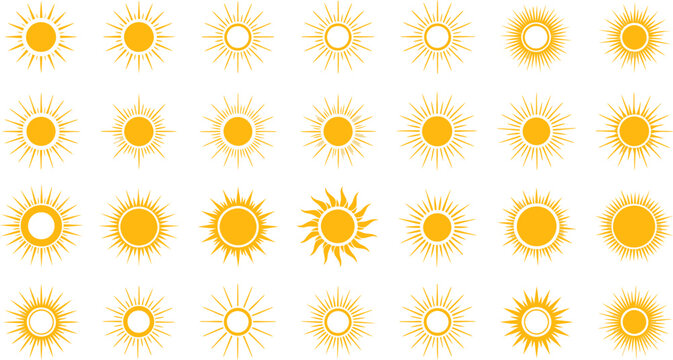 Bright yellow sun icons collection with diverse ray patterns on white background