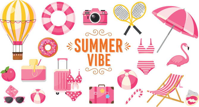 Flat vector illustration of summer vibe icons with flamingo, beach umbrella, swimsuit, travel items, cocktail, vacation fun, leisure design