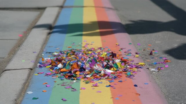 Colorful Confetti Falling On A Rainbow Street Path During Pride Celebr