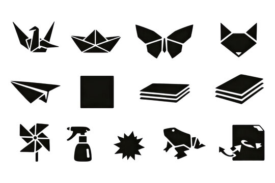 Black and white origami and geometric set on transparent background