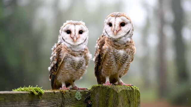 A serene image showcasing two barn owls peacefully perched on a mossy wooden post. Ideal for illustrating wildlife, nature, or conservation themes wit